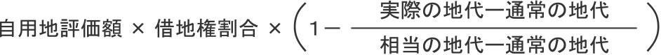 自用地評価額×借地権割合×（１－実際の地代ー通常の地代÷相当の地代ー通常の地代）
